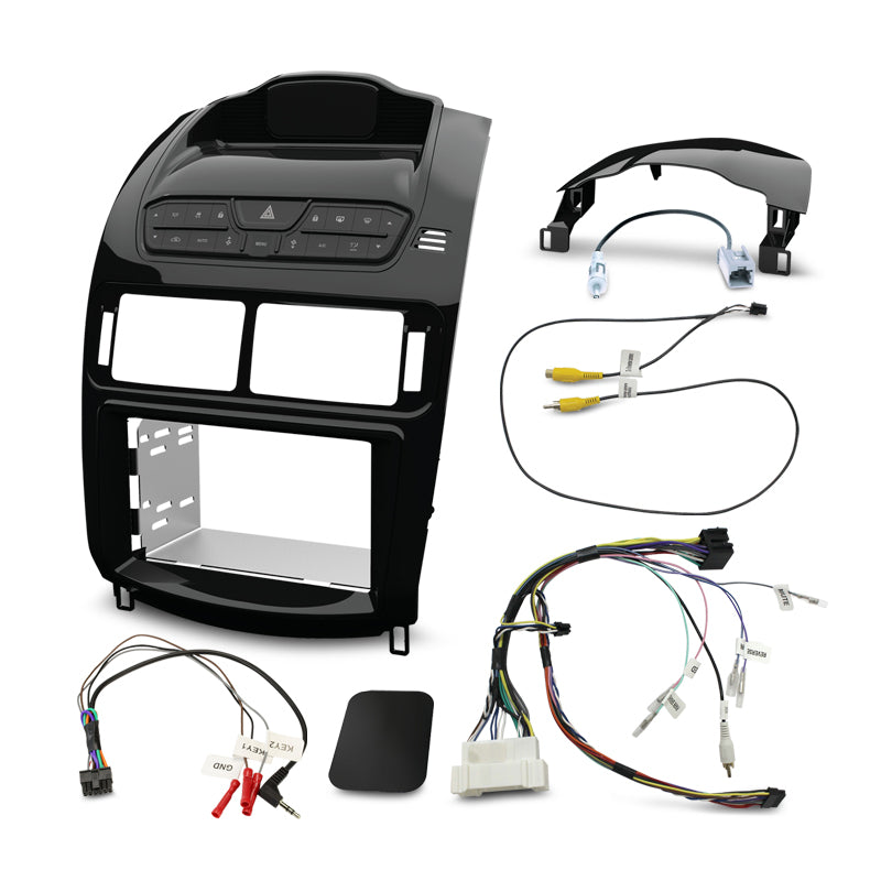 Aerpro FP9650PK Double DIN piano black install kit for Ford Falcon FG 2008–2014 with facia, dash panel, mounting kit, wiring, and antenna adapter.