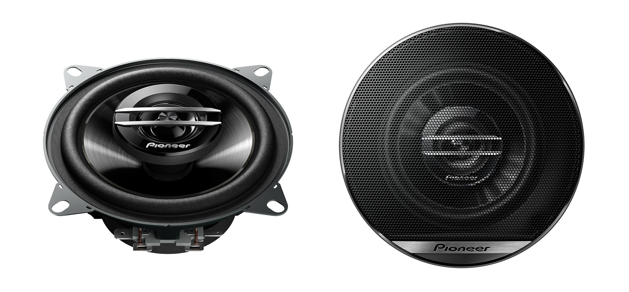 Wide studio shot of the speaker pair, bare unit on the left and grille unit on the right