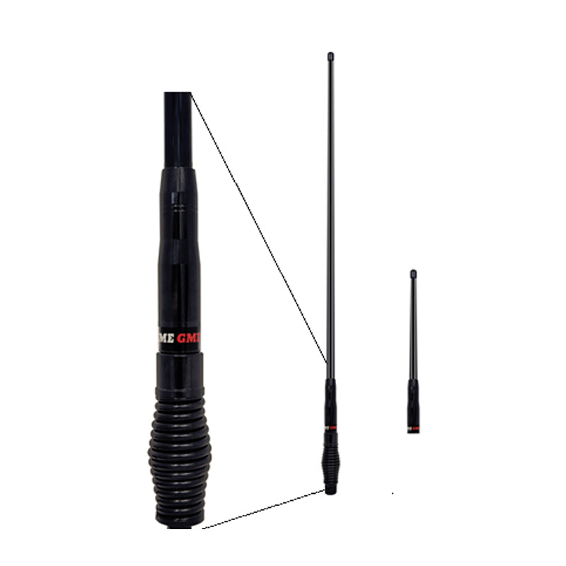 Pair of heavy-duty black UHF CB antennas with spring bases and interchangeable whips, designed for reliable all-terrain vehicle communication.