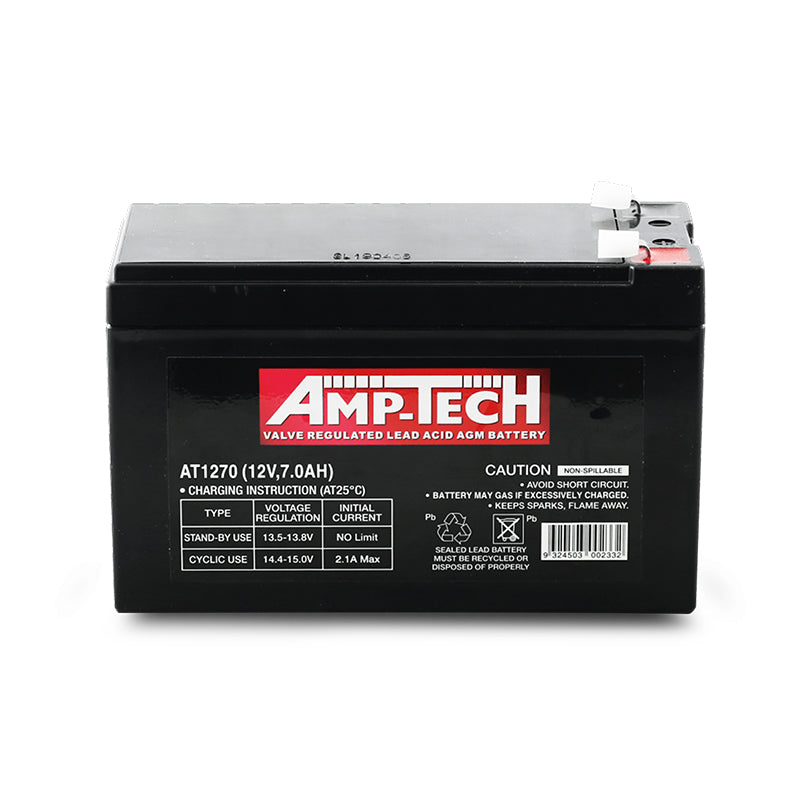 Amp-Tech SLI/AGM general purpose battery in black with red and white labeling.