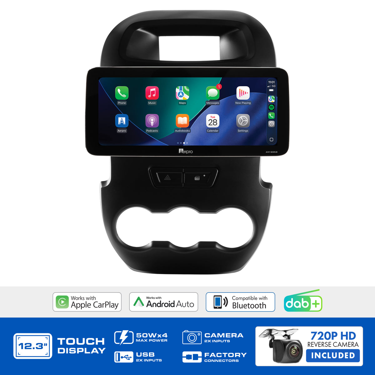 Aerpro AMTCFO2 feature graphic listing wireless CarPlay, Android Auto, DAB+ and the included camera