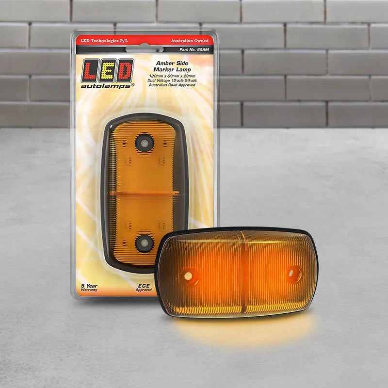 LED Autolamps 69AM Side Marker Amber 12/24 Volt - 120 x 69 x 20mm - Blister