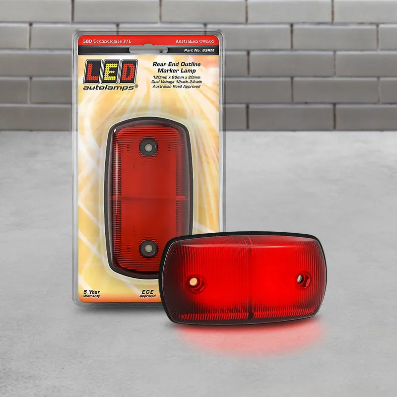 LED Autolamps 69RM Rear End Outline Marker Red 12/24 Volt - 120 x 69 x 20mm - Blister