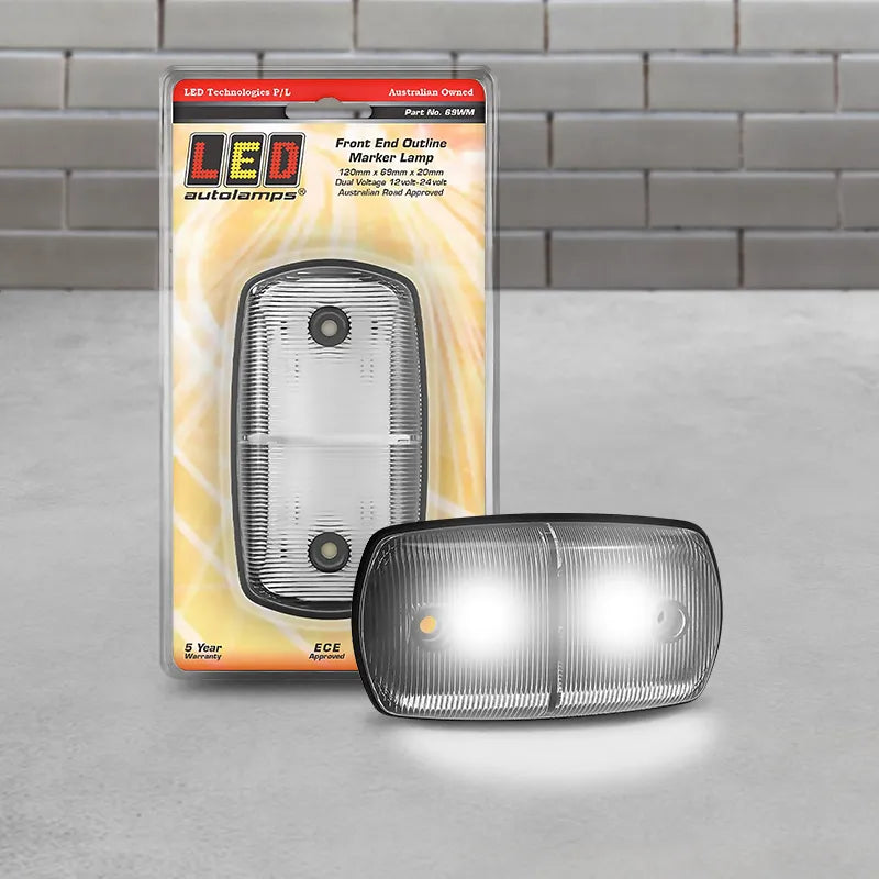 LED Autolamps 69WM Front End Outline Marker White 12/24 Volt - 120 x 69 x 20mm - Blister