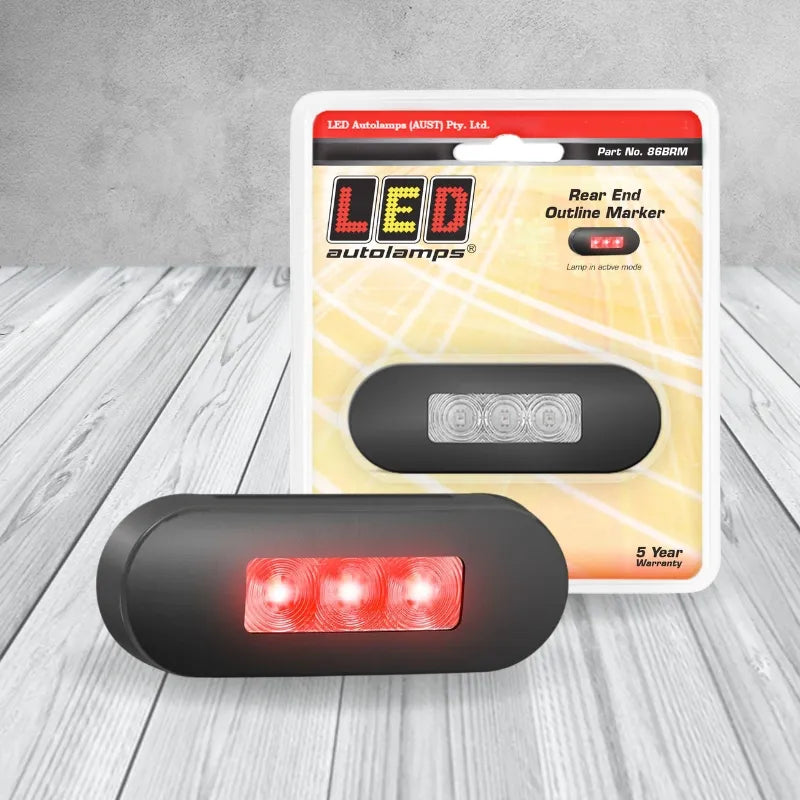 LED Autolamps 86BRM 12/24V Rear End Outline Marker Lamp Clear Lens Coloured LEDs Black Steel Bezel Blister Pack