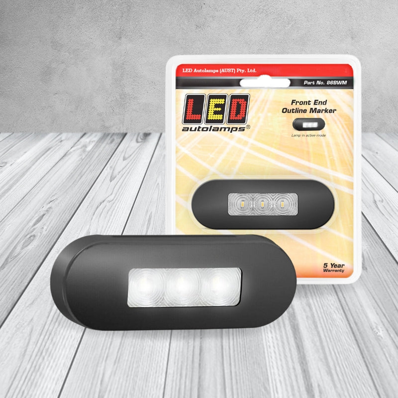 LED Autolamps 86BWM 12/24V Front End Outline Marker Lamp Clear Lens Coloured LEDs Black Steel Bezel Blister Pack