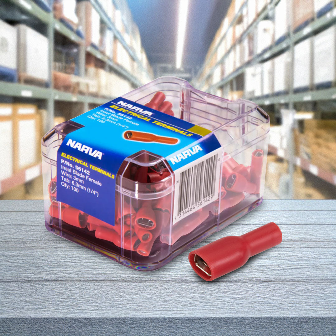 Narva 56142 Red | Female Crimp Terminal 6.3 x 0.8mm Blade Connector | Vinyl Insulated | 100 Pack