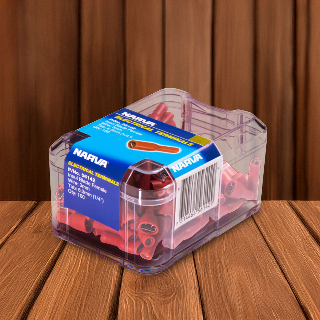 Narva 56142 Red | Female Crimp Terminal 6.3 x 0.8mm Blade Connector | Vinyl Insulated | 100 Pack