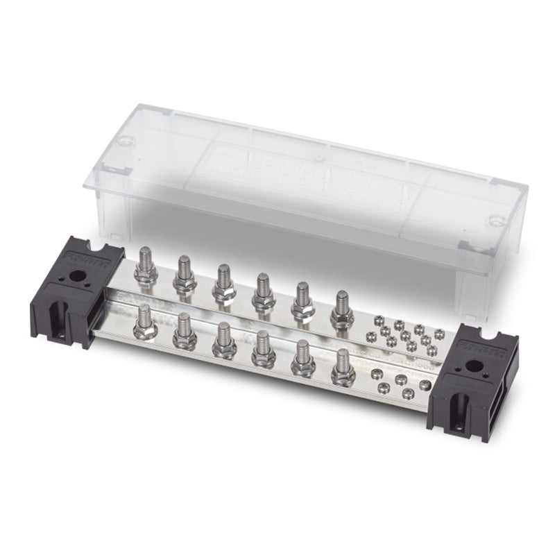 A 1,000 Amp busbar with multiple studs and a clear snap-on insulating cover, primarily silver and black in color.