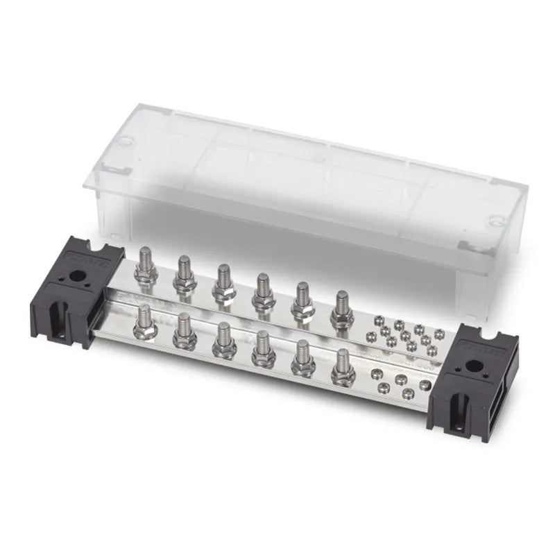 A 1,000 Amp busbar with multiple studs and a clear snap-on insulating cover, primarily silver and black in color.