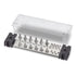 A 1,000 Amp busbar with multiple studs and a clear snap-on insulating cover, primarily silver and black in color.