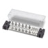 A 1,000 Amp busbar with multiple studs and a clear snap-on insulating cover, primarily silver and black in color.