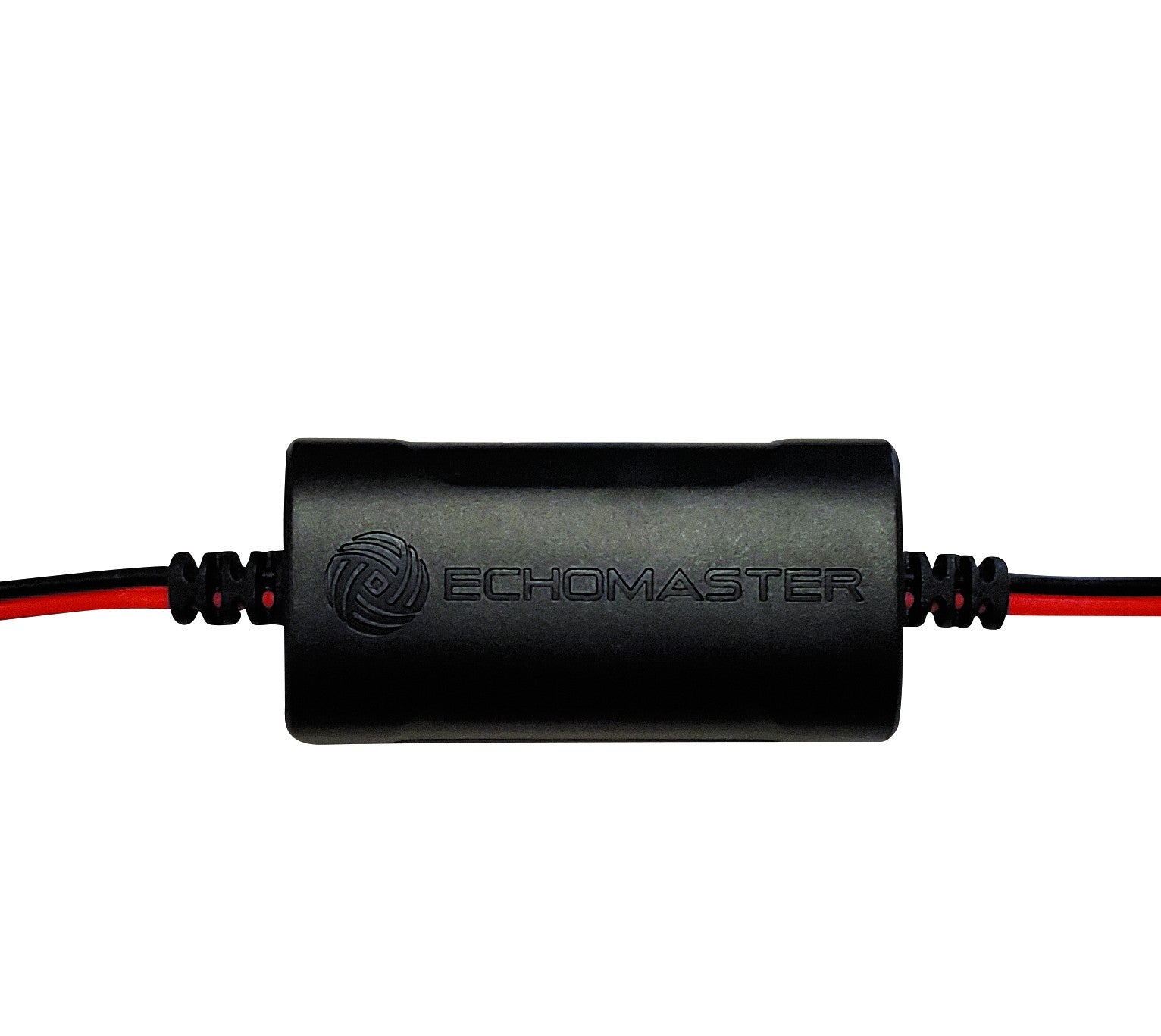Close view of the black EchoMaster filter body with red and black leads at each end