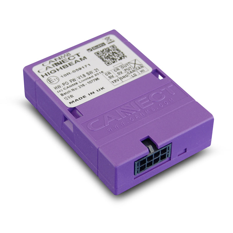 Purple CANM8 CANNECT High Beam Signal Output Interface module with top label and QR code.