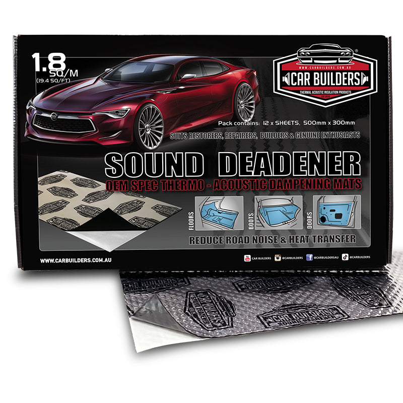 Car Builders sound deadener mats – package of 12 sheets 300mm x 500mm, black packaging with silver lettering and car photo