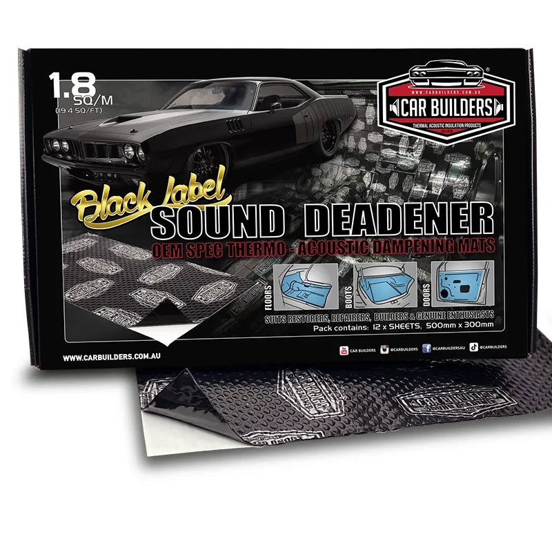 Packaging for Car Builders SD12 Sound Deadener showing 12 sheets of black sound deadening material with a silver aluminum layer, intended for use in vehicles.