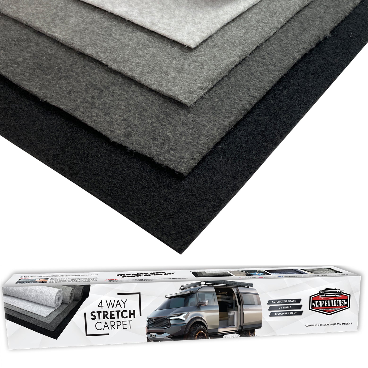 Car Builders 4 Way Stretch Carpet colour range with the retail box