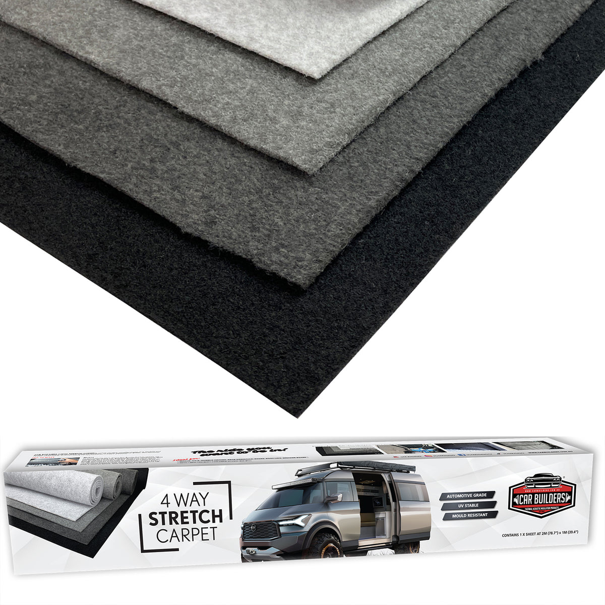 Car Builders 4 Way Stretch Carpet colour range with the retail box