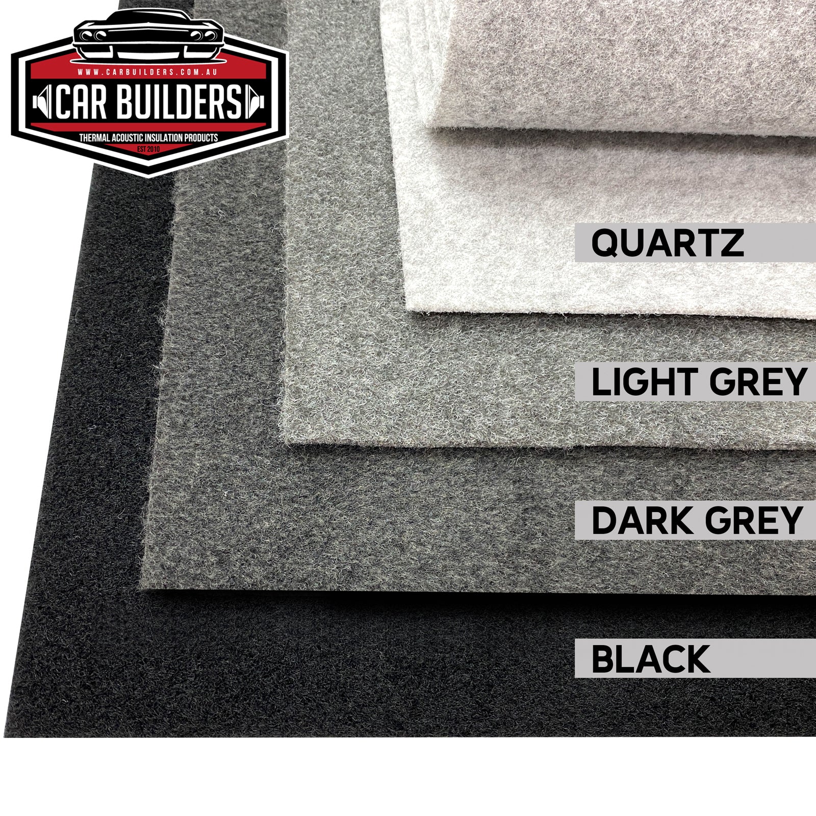 Stretch carpet colour swatches labelled Quartz, Light Grey, Dark Grey and Black