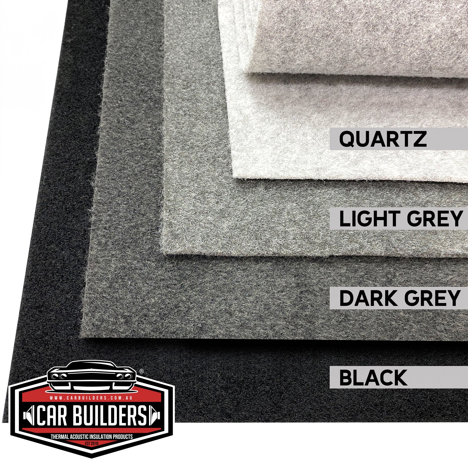 Short Length Stretch Carpet colour samples, Quartz, Light Grey, Dark Grey and Black