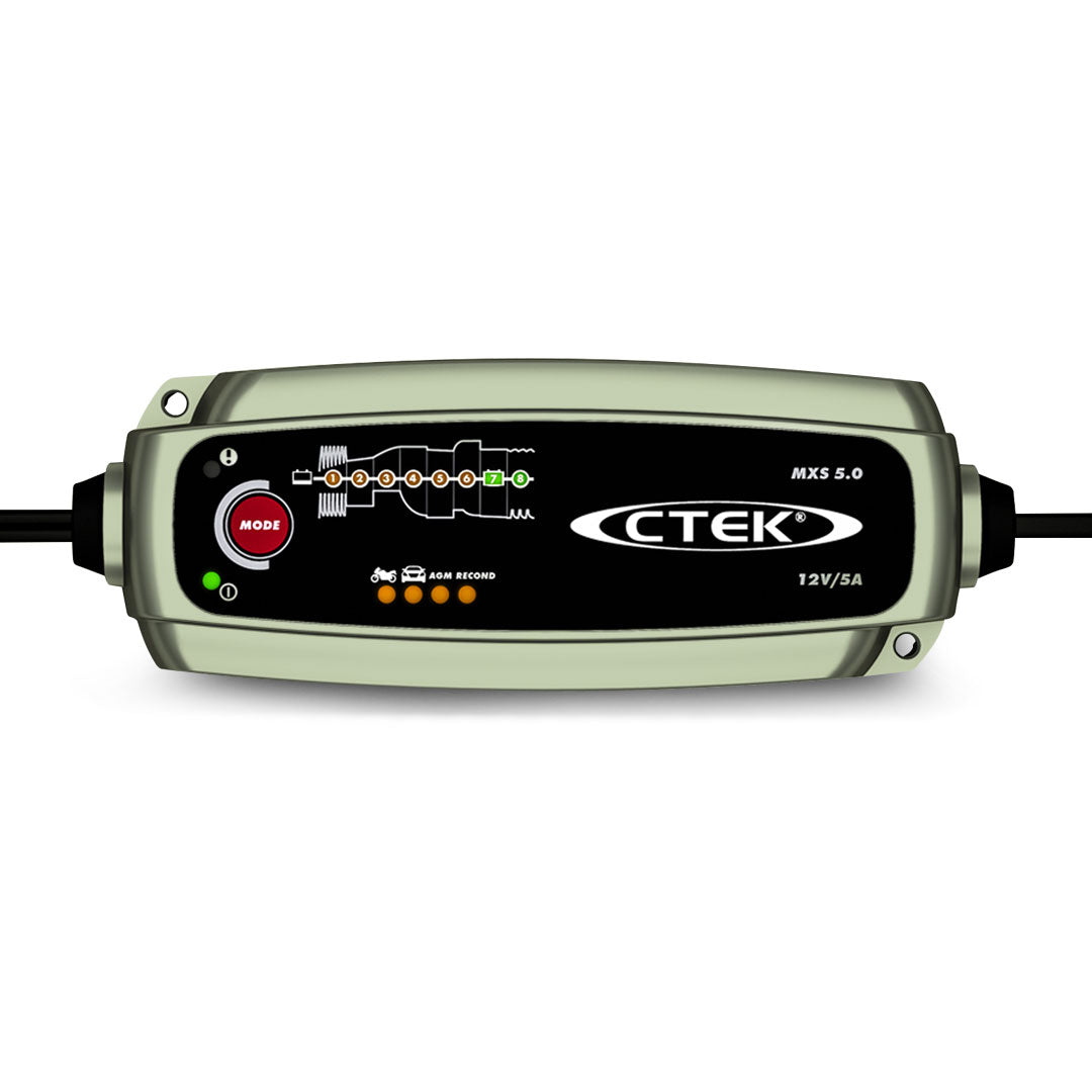 CTEK MXS 5.0 12V 5A battery charger with green casing, digital display and connected cables