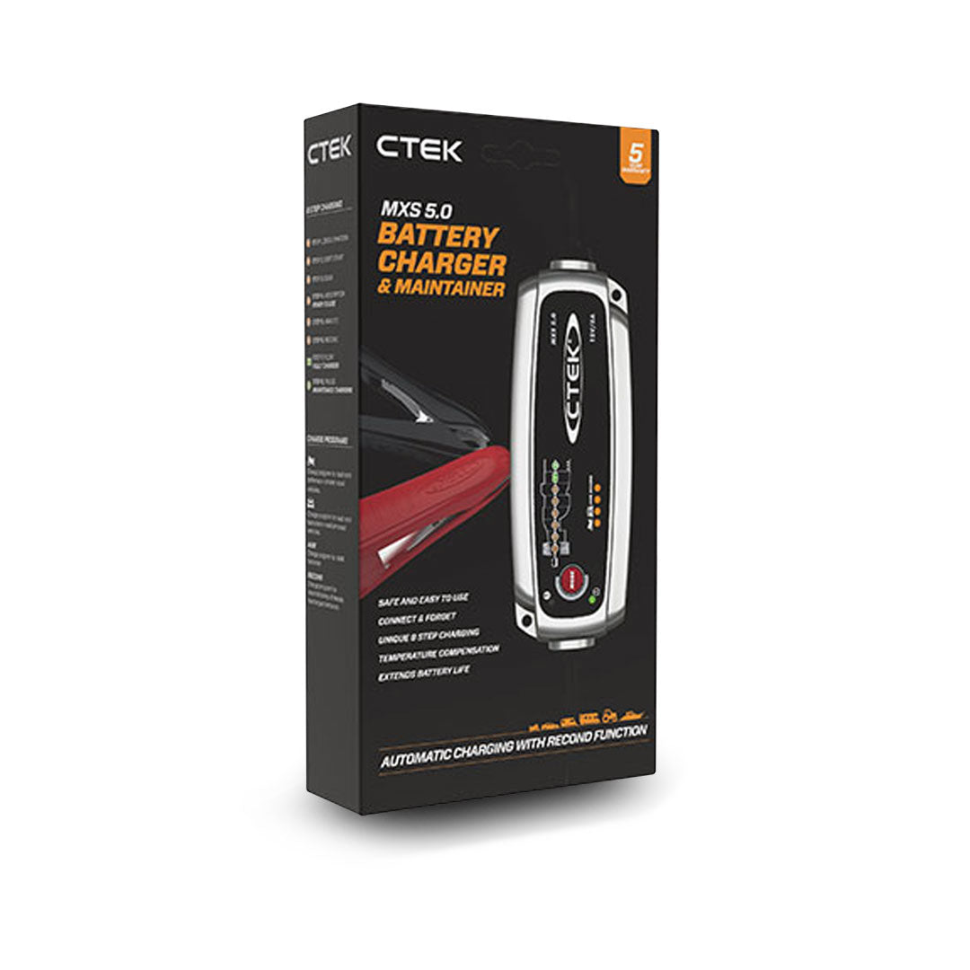 CTEK MXS 5.0 smart charger with green body, display panel and battery cables attached box 