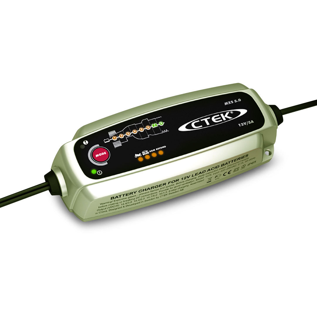 CTEK MXS 5.0 12V 5A battery charger with a green body, digital display, and connected cables.