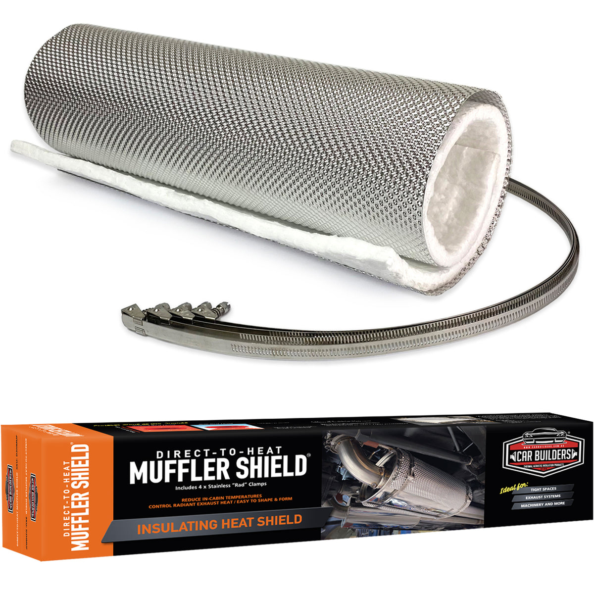 Car Builders Direct To Heat Muffler Shield sheet with ceramic insulation, hose clamps and retail box
