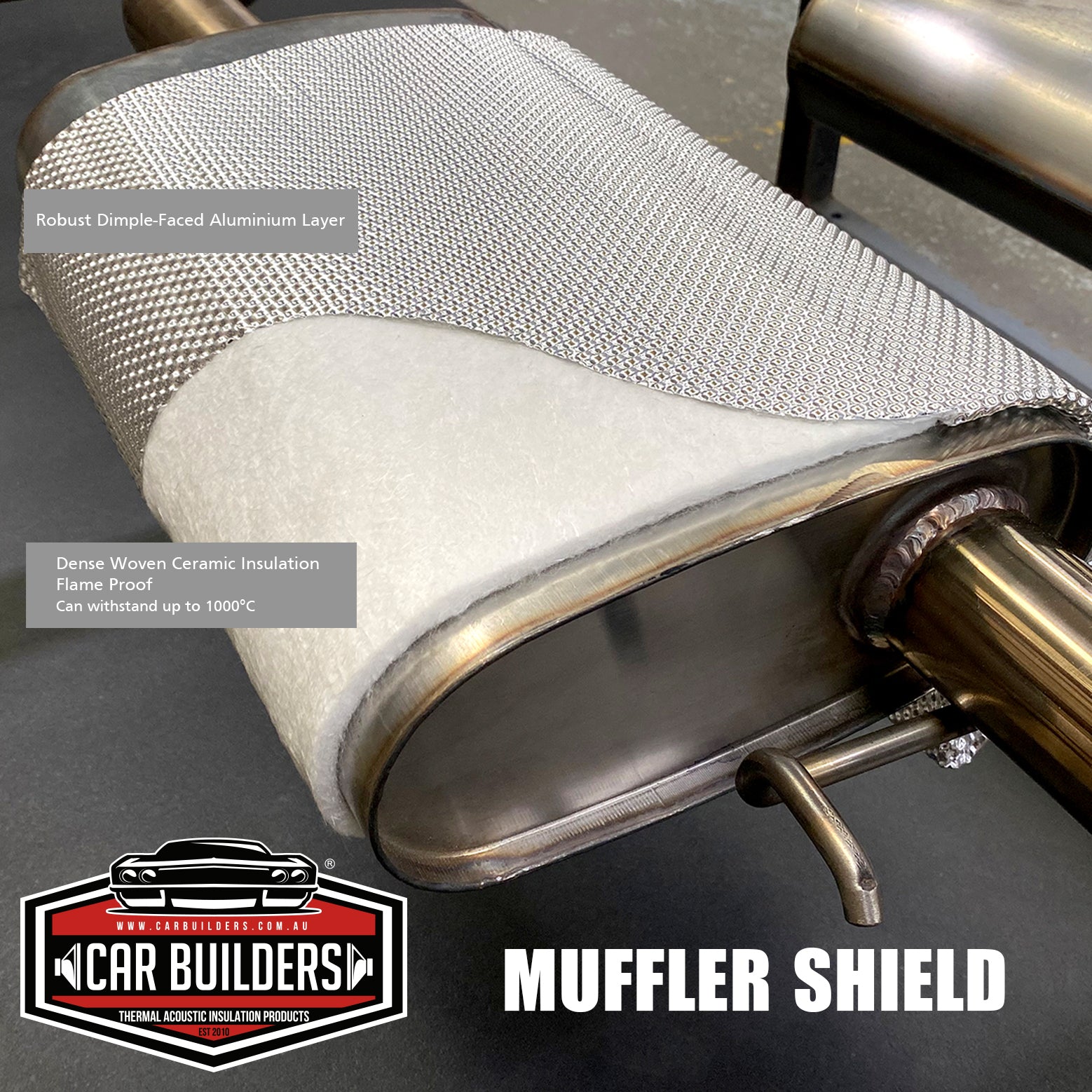 Cutaway of the muffler shield showing aluminium outer and woven ceramic insulation layer