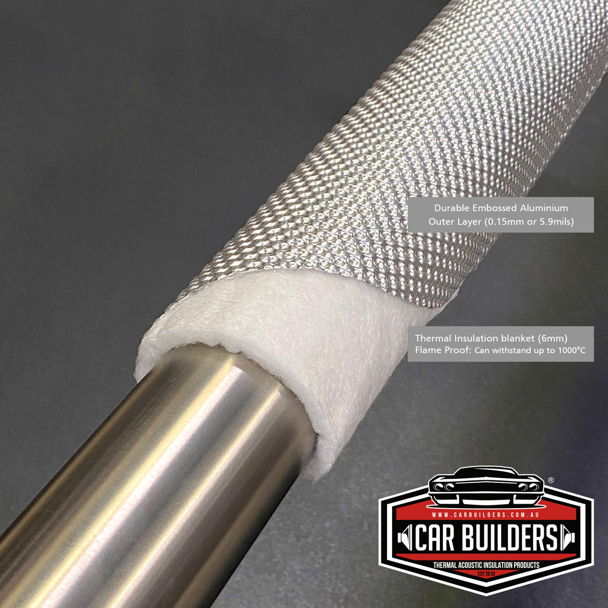 Close view of pipe shield on an exhaust pipe showing the aluminium outer and ceramic insulation