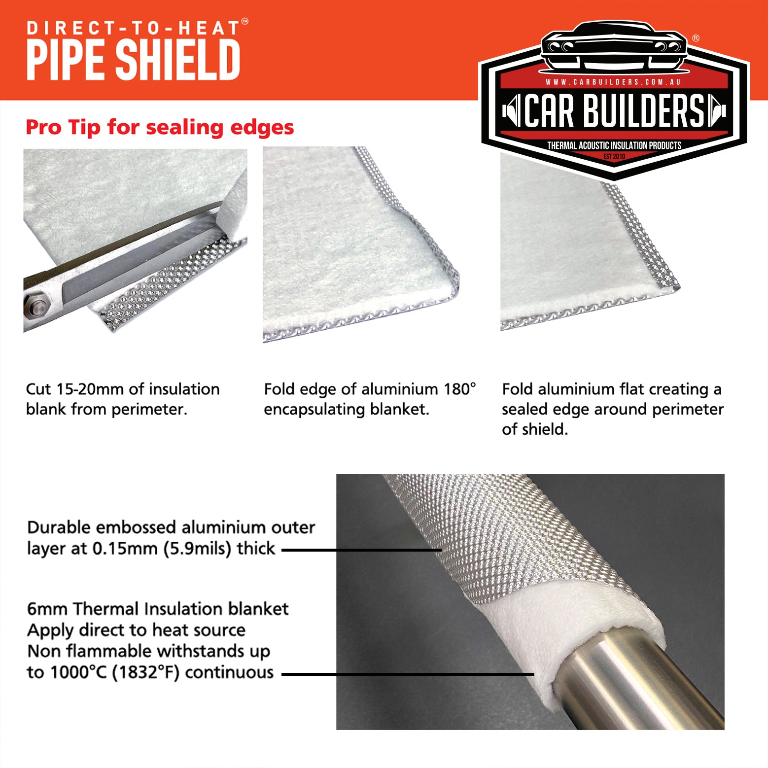 Pro tip graphic showing how to fold the aluminium edge over the insulation to seal the pipe shield
