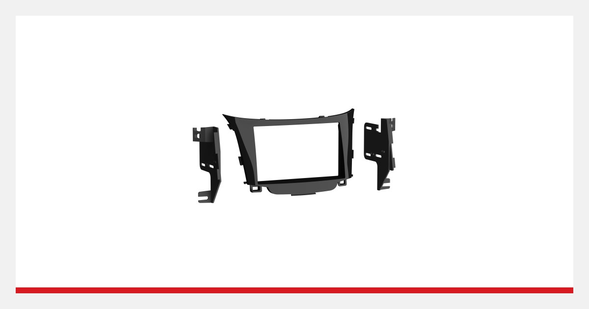 Black double DIN dash kit with a curved trim panel and separate side brackets, shown small on a white card