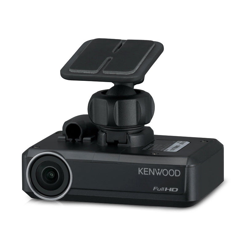 Black Kenwood full HD dash camera featuring front lens and product label, designed for secure dashboard mounting in vehicles.