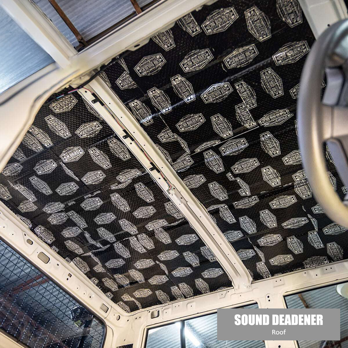 Dual cab roof skin with Stage 1 Sound Deadener sheets stuck between the roof bows