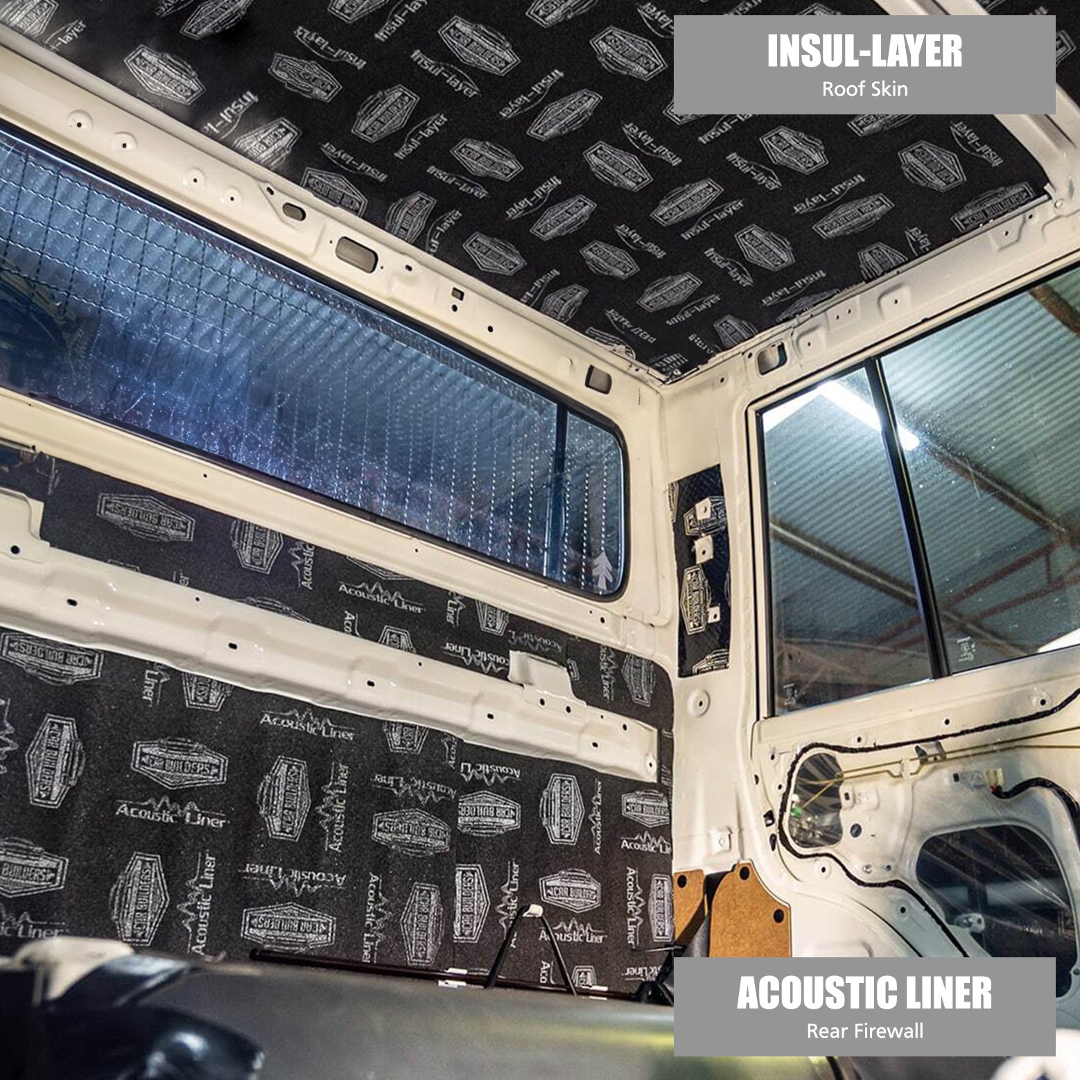 Silver Insul-Layer on a dual cab roof with Acoustic Liner on the rear firewall