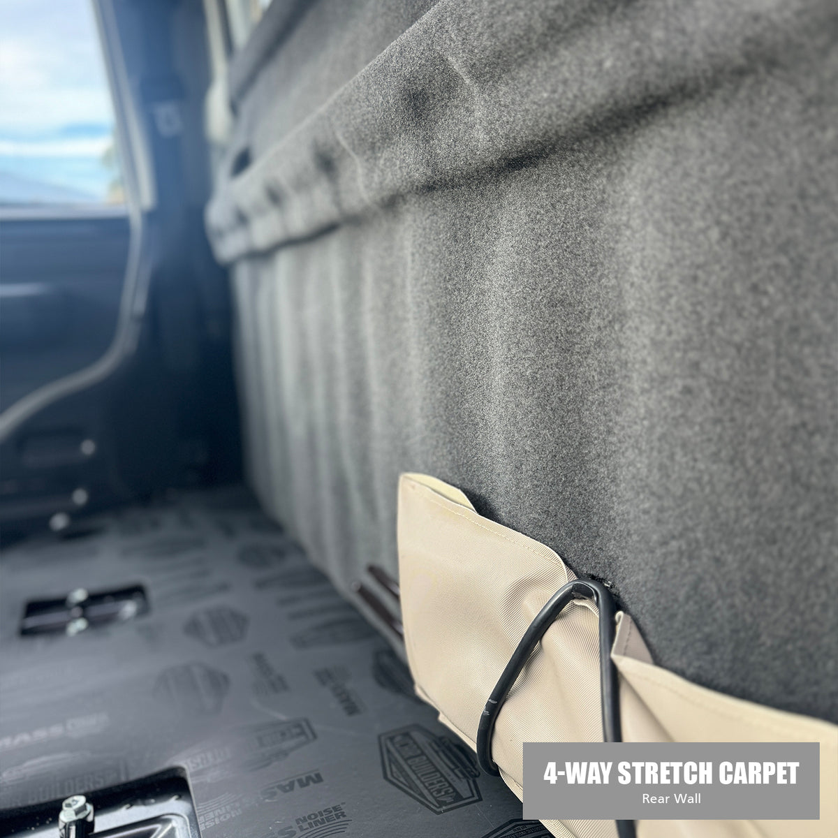Install example: four way stretch carpet glued to a dual cab rear wall (carpet not included)