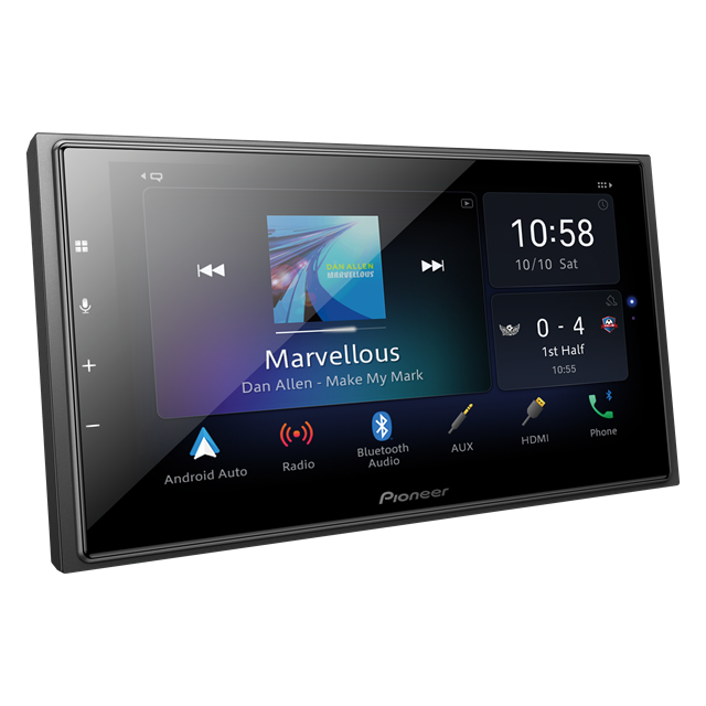Pioneer DMH-Z6350BT 6.8-inch multimedia player for vehicles, featuring a touchscreen display with various icons for media and navigation.
