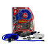 DNA 4-channel amplifier kit packaging displaying red and blue power cables, amplifier unit, wiring accessories, and installation components.