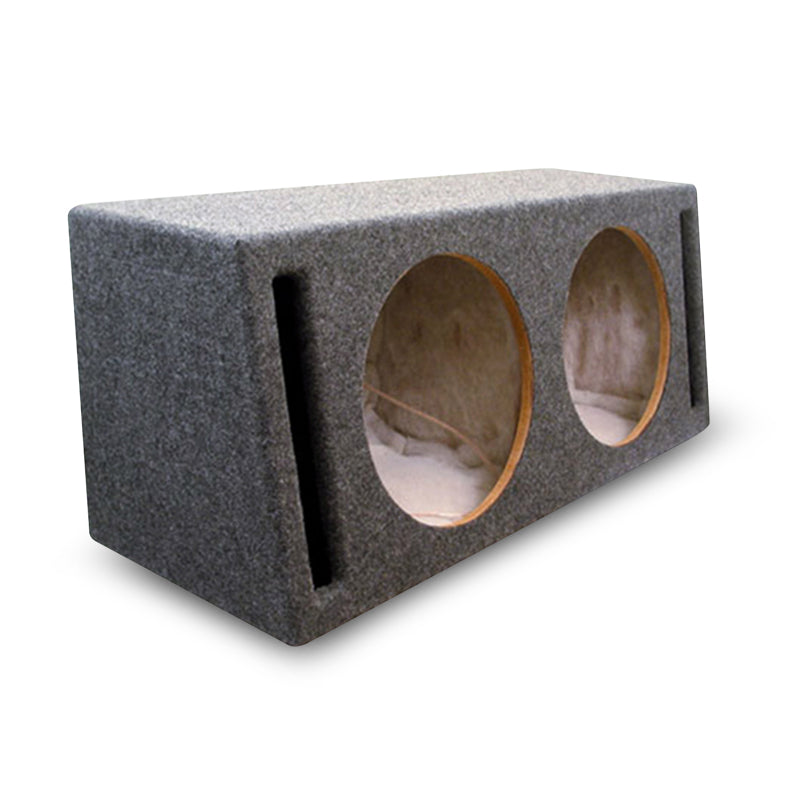 Grey double slot ported subwoofer enclosure box made of MDF wood with two circular speaker cutouts.