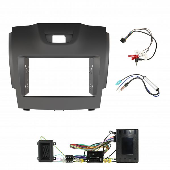 Vehicle installation kit for double DIN head unit including grey fascia panel, metal mounting brackets, wiring cables, and antenna adaptor.