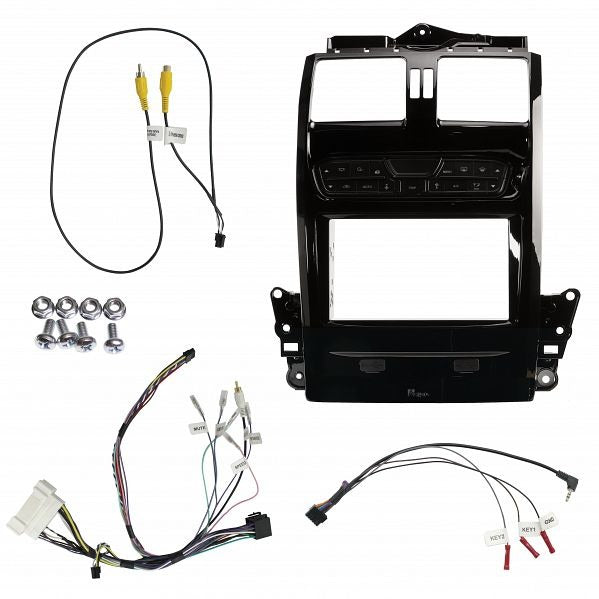Double DIN piano black installation kit for Ford Falcon BA-BF and Territory SX-SY including fascia panel, mounting brackets, wiring loom, and USB patch lead.