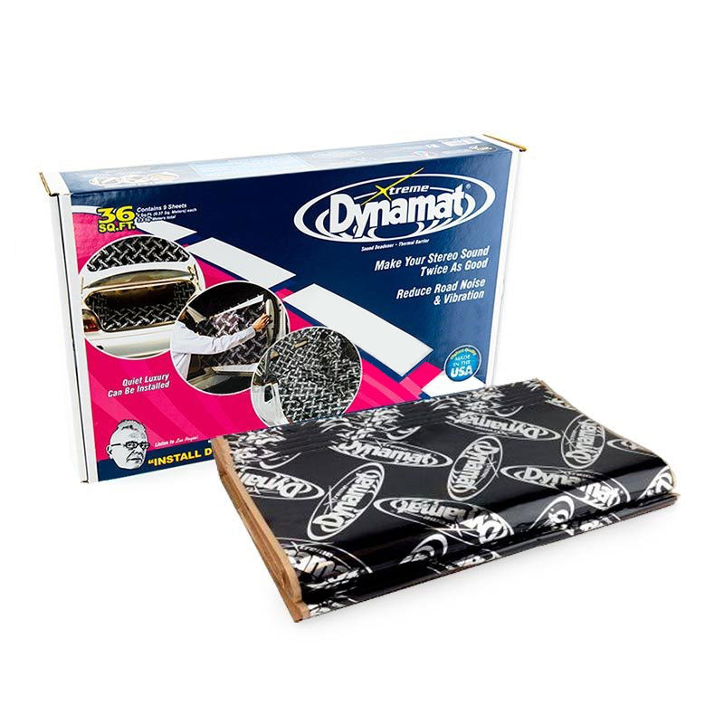 The image shows a box of Dynamat 10455 Xtreme Black Bulk Pack Sound Deadener with 9 sheets included, along with a sample sheet of the product displaying its adhesive side.