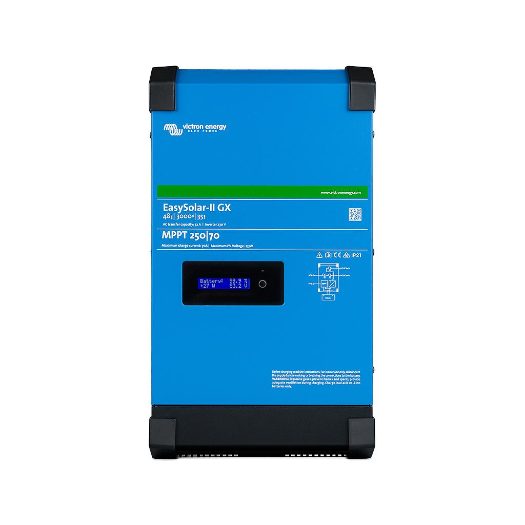 Blue Victron Energy EasySolar-II inverter and charger unit with digital display and integrated solar charge controller for efficient energy management.