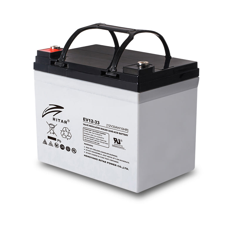 Ritar EV12-33 12V 33Ah valve-regulated lead acid battery featuring white body, black top cover, and detailed product label on the side.