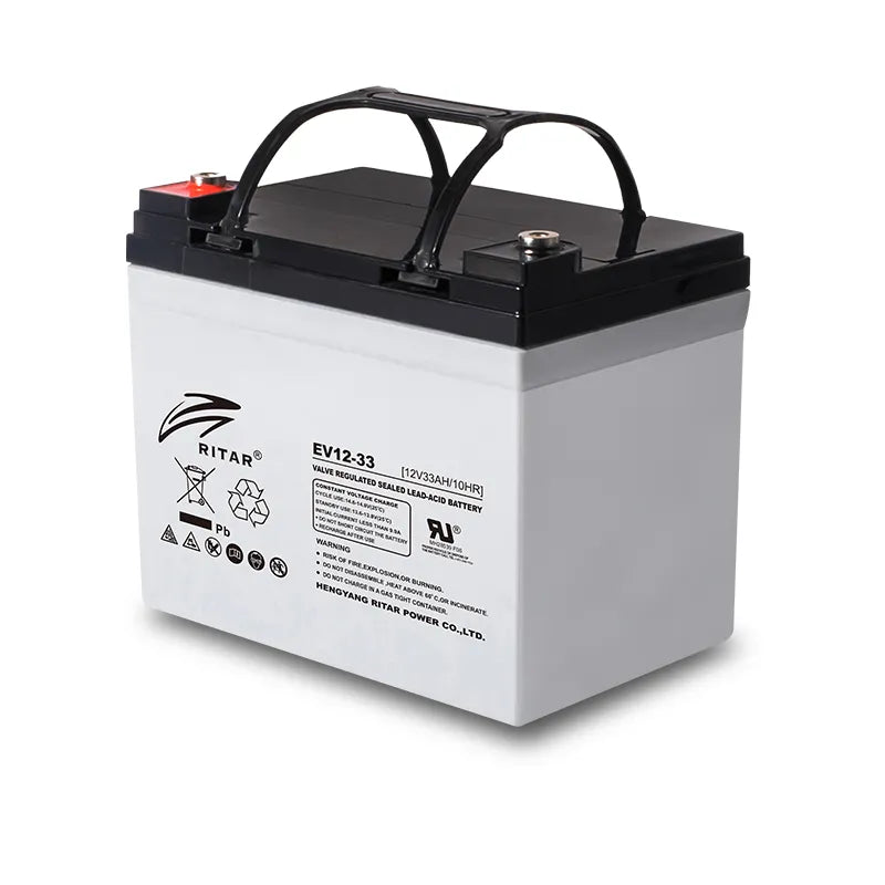 Ritar EV12-33 12V 33Ah valve-regulated lead acid battery featuring white body, black top cover, and detailed product label on the side.