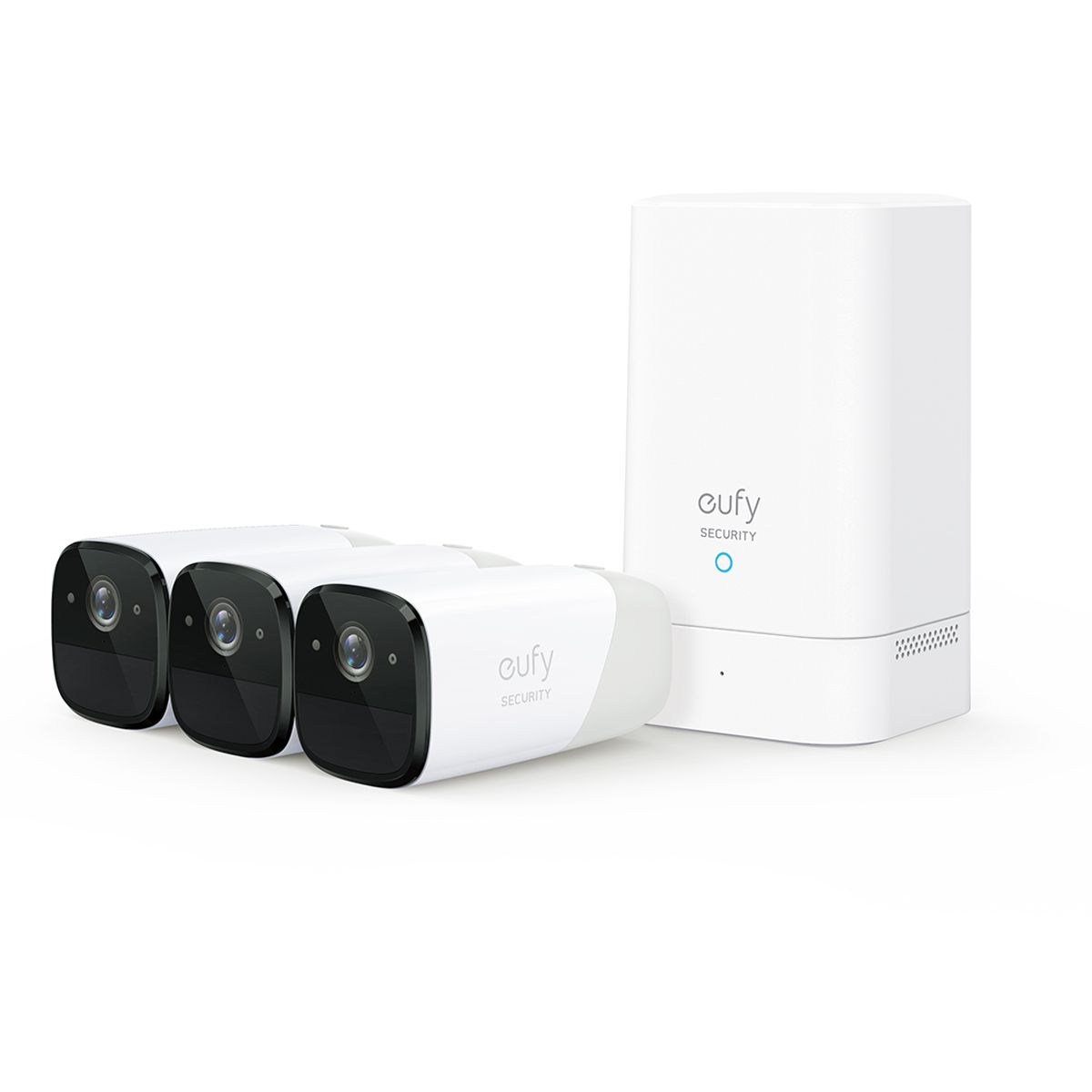 EufyCam 2Pro 2K wireless home security cameras with HomeBase hub in white
