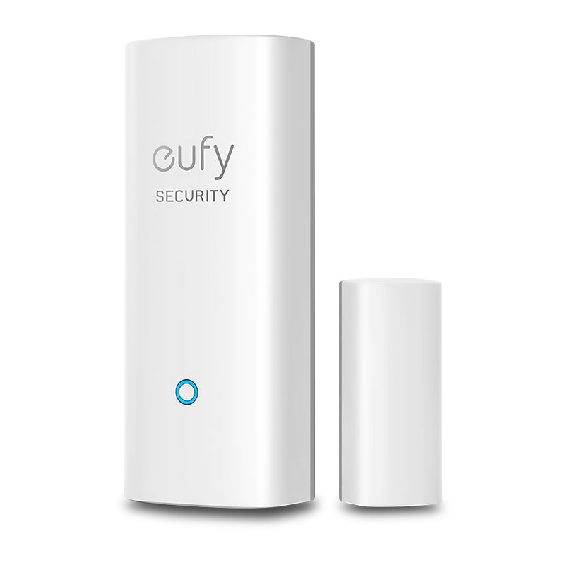 Eufy Security entry sensor device and its component parts against a white background.