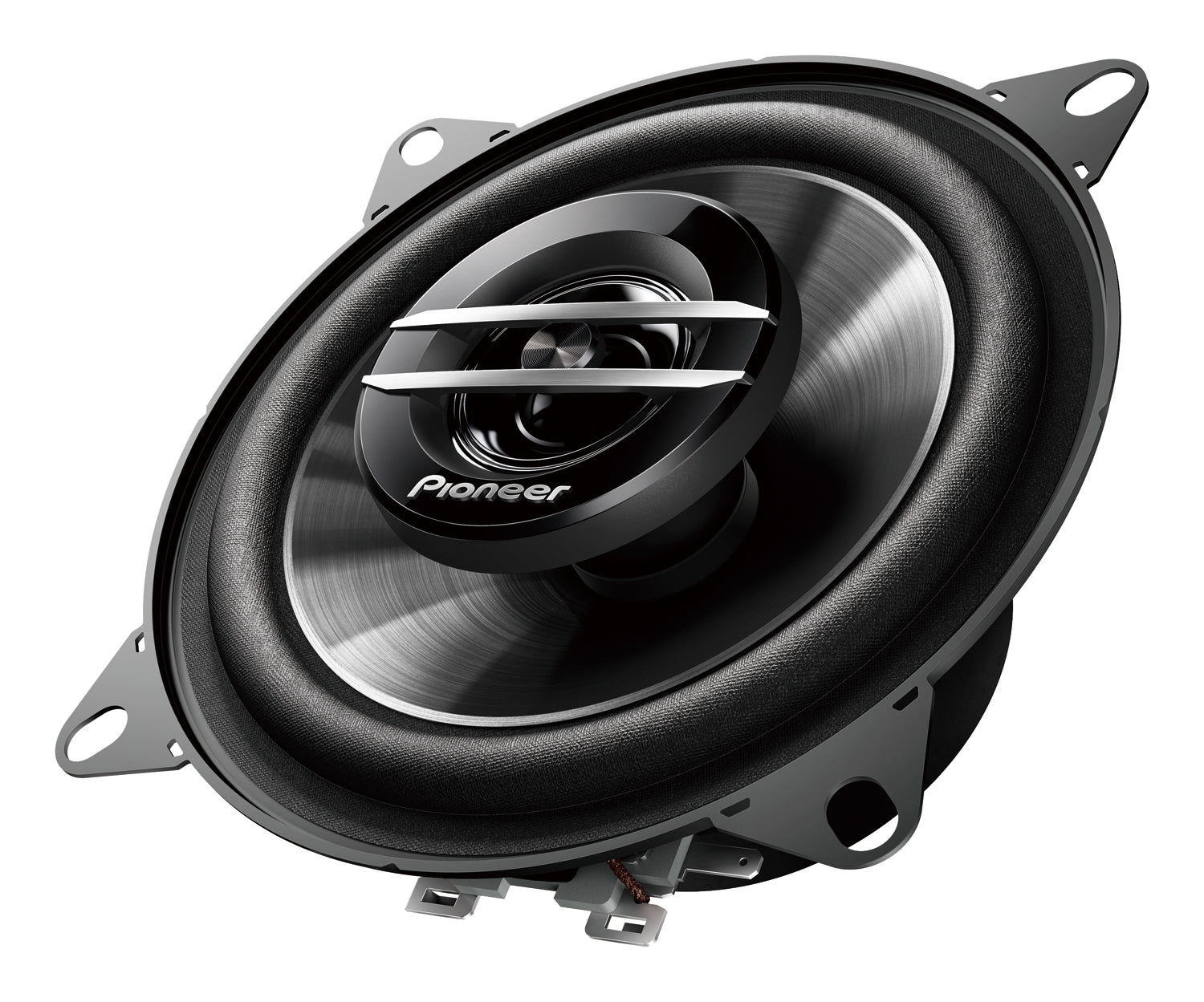 Bare speaker tipped back to show the cone surround and the terminal tabs underneath