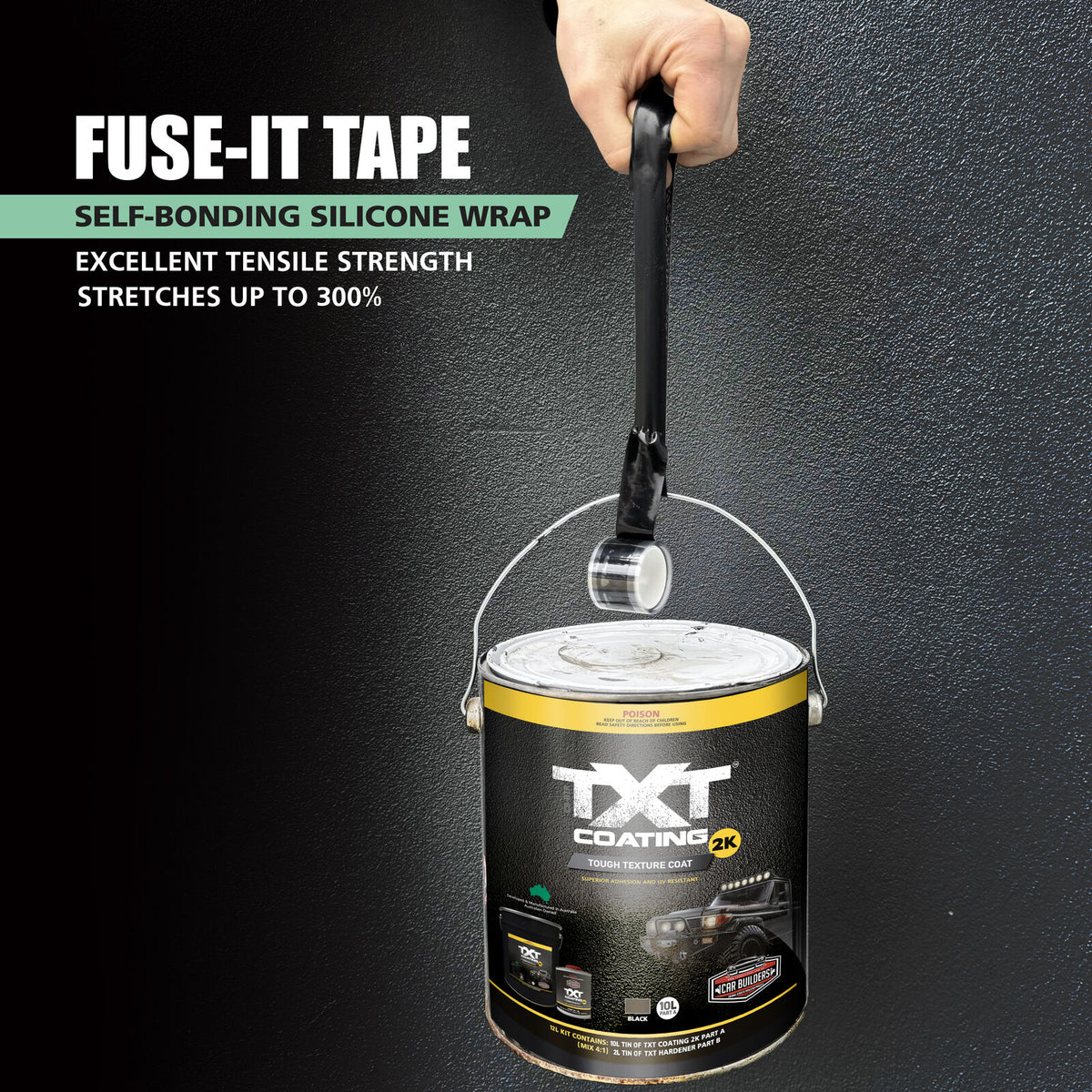 FUSE-IT self fusing silicone tape holding the weight of a paint tin, showing its tensile strength