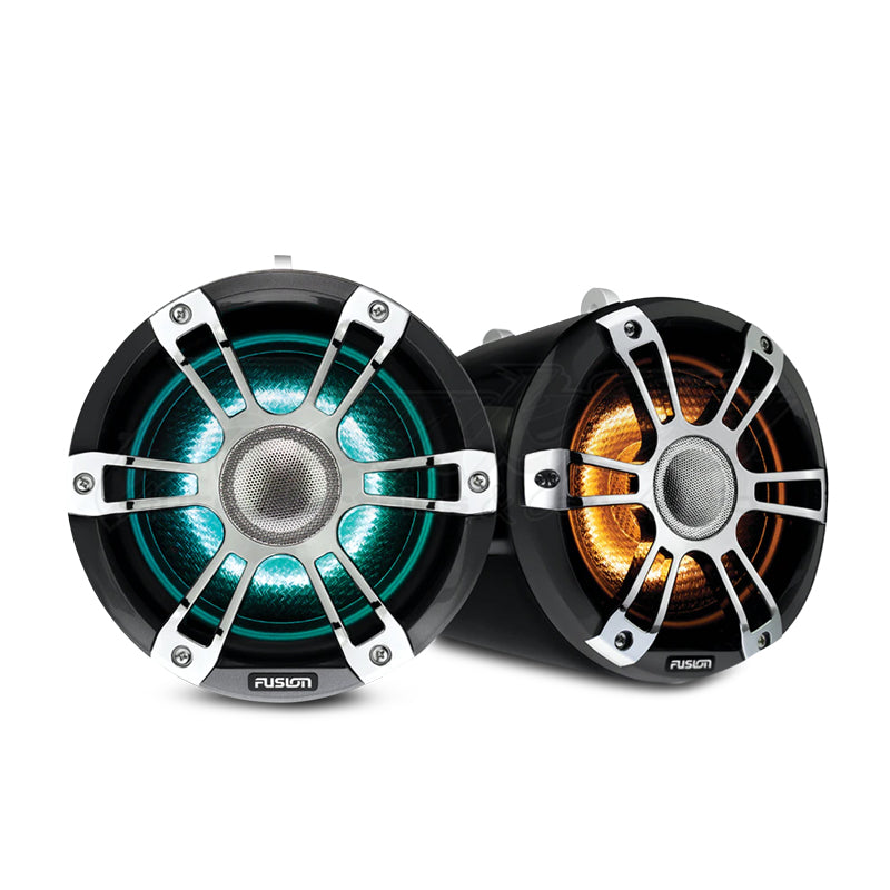 Fusion Signature Series 3 wake tower speakers pair with CRGBW LED lighting  marine audio use.